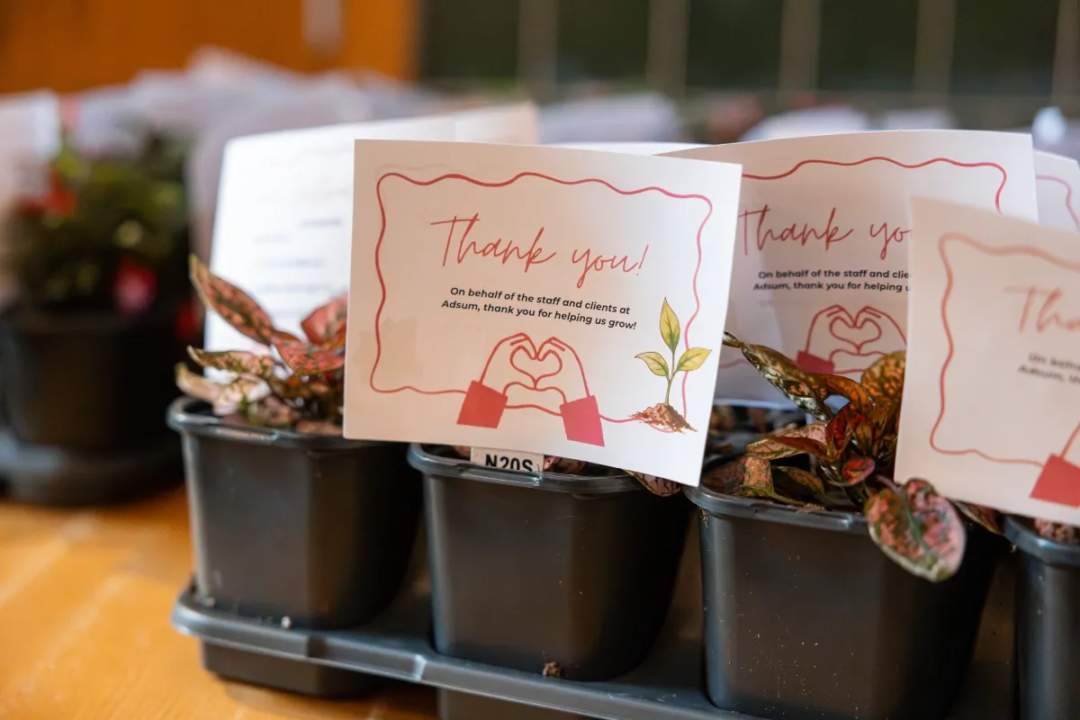 Rows of small garden plants sit in plastic trays. They have a card that reads "Thank You" above art of hands making a heart shape. There is art of a plant growing on the right side of the card.