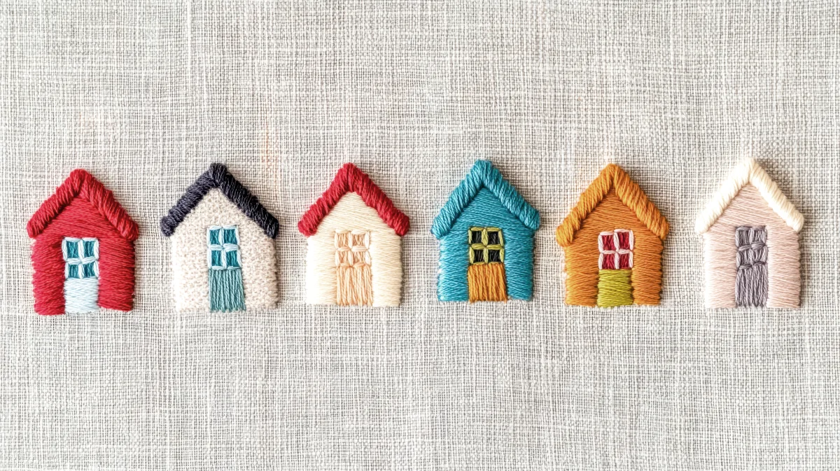 A row of brightly coloured embroidered houses.