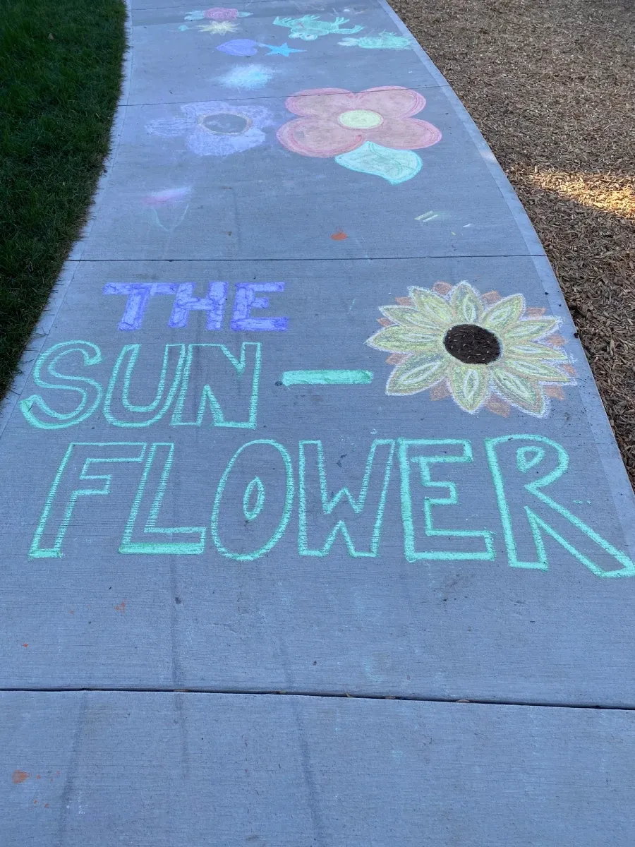"The Sunflower" is drawn in sidewalk chalk next to a chalk drawing of a sunflower in the middle of the image. Above that and moving out of view are more chalk drawings of flowers.